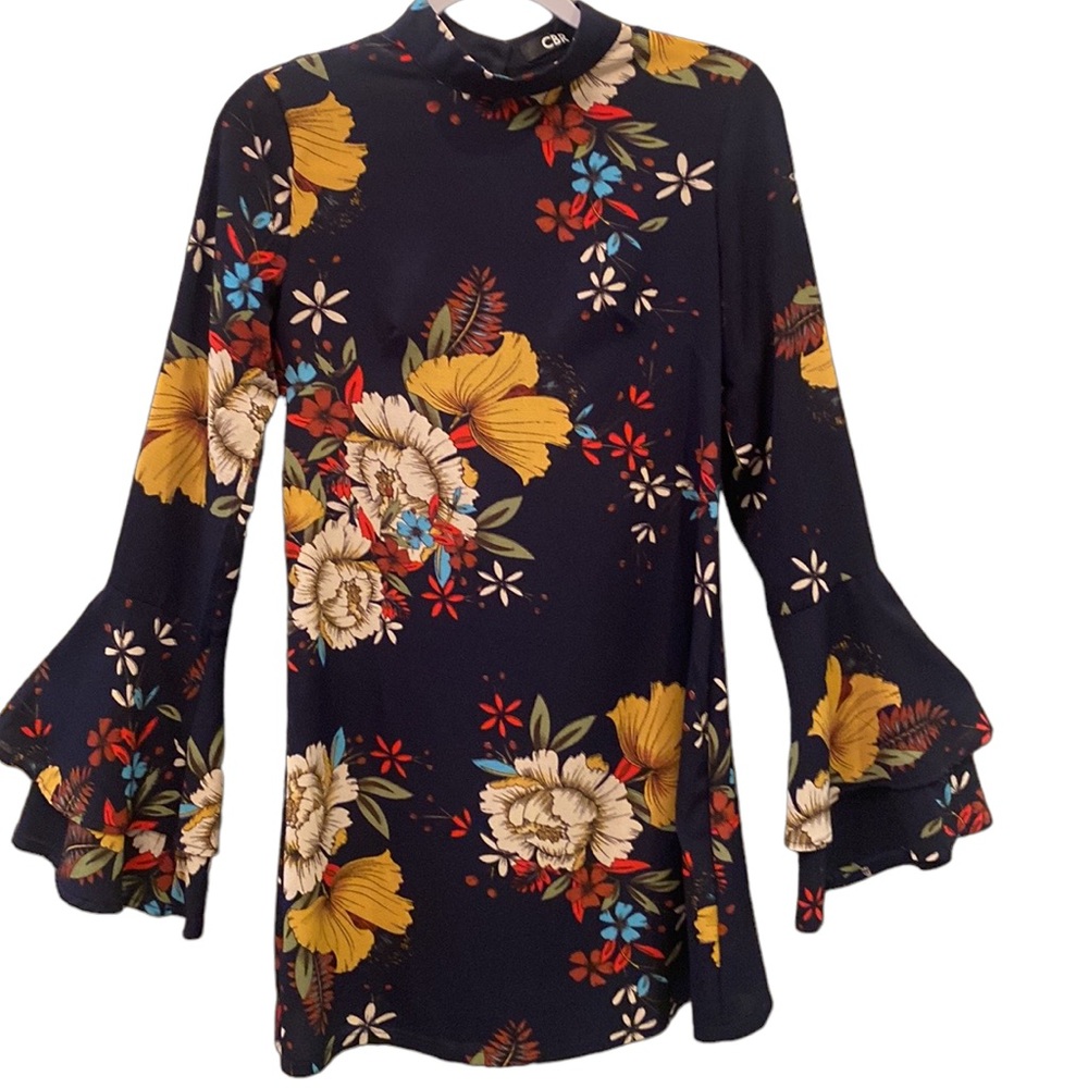 CBR Shift Dress long bell sleeves mock turtleneck colorful boho floral size M - Picture 1 of 5